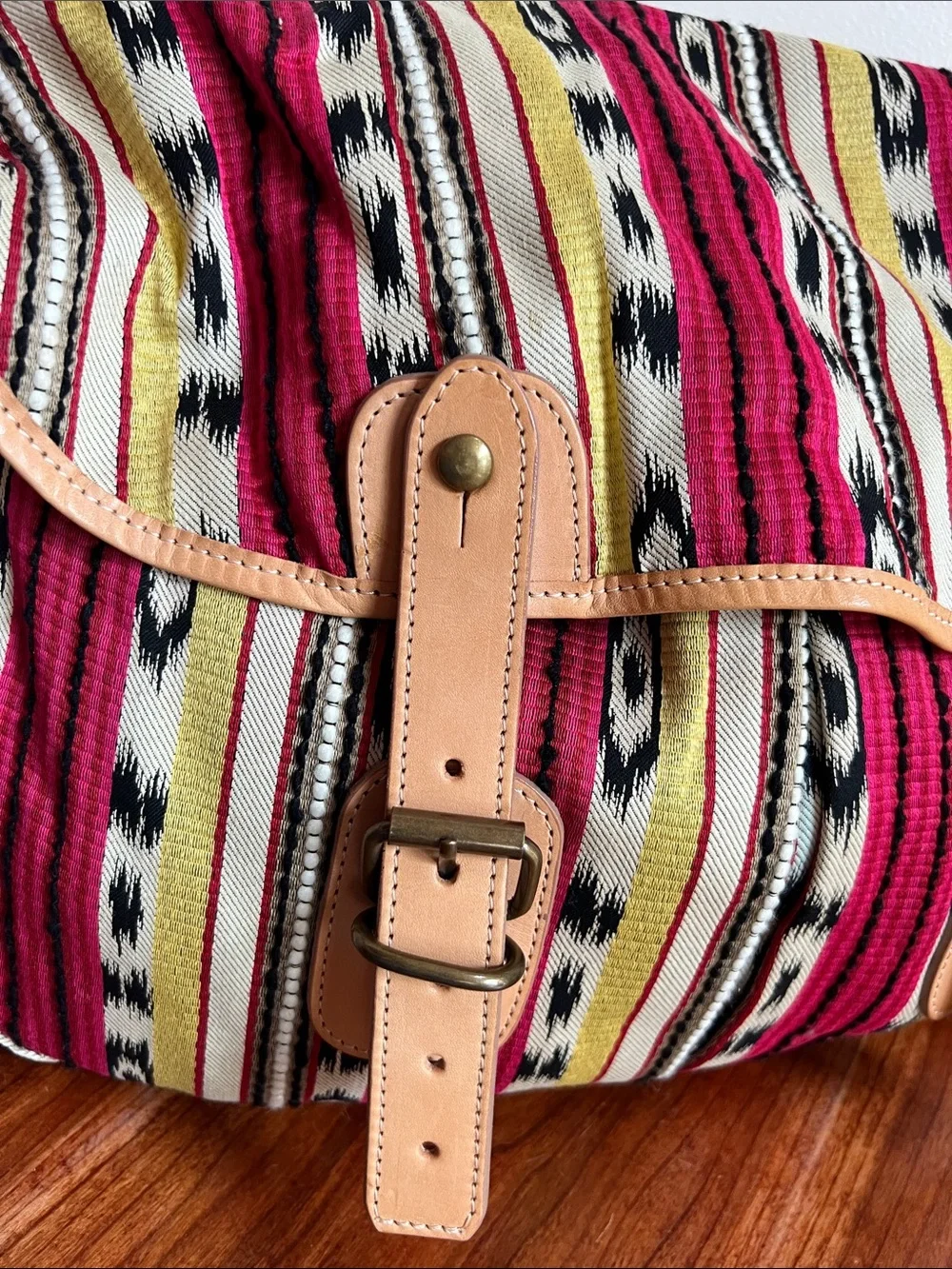 Carven southwestern leather trimmed Woven Crossbody Tan Trim adjusting strap